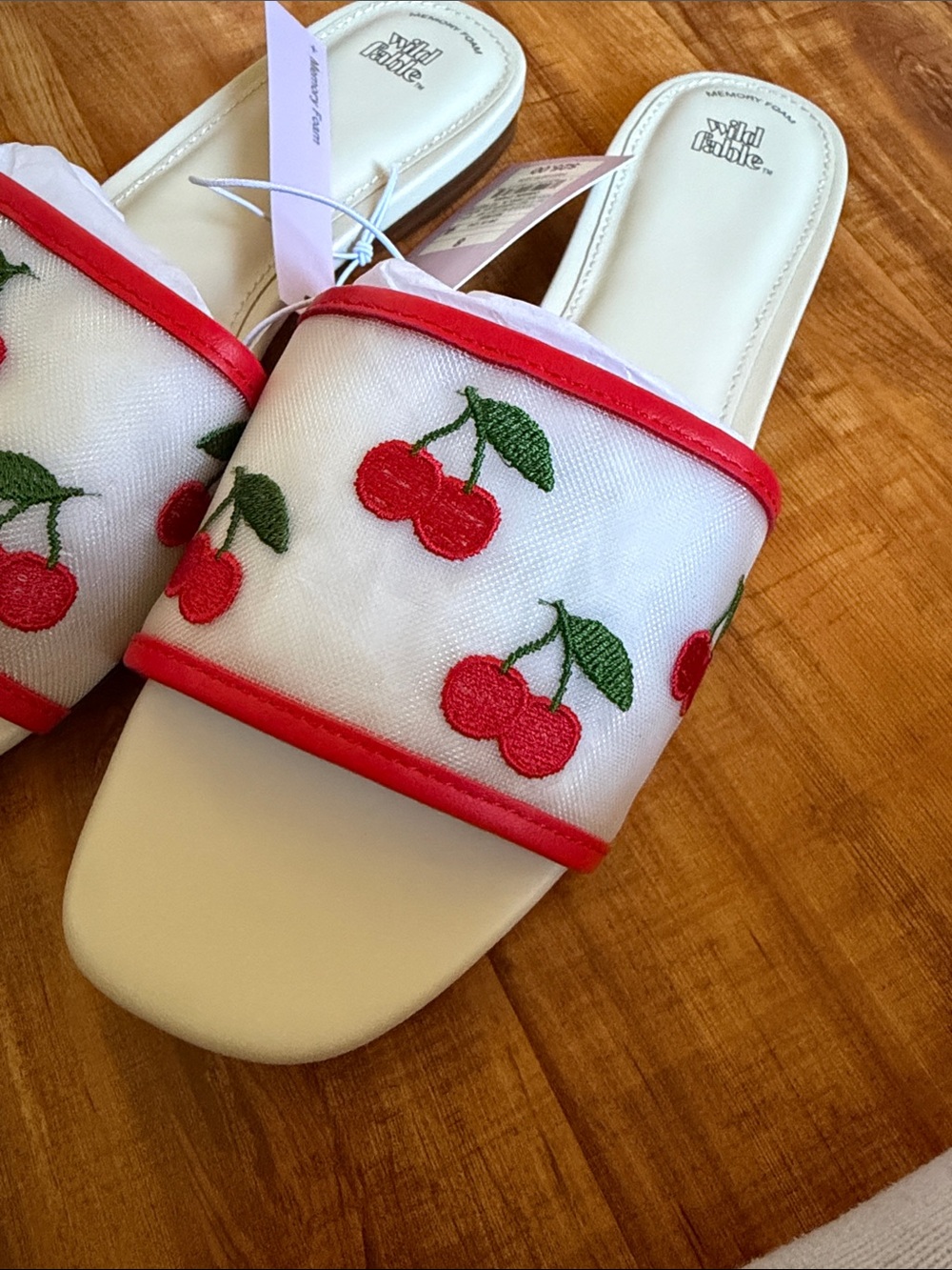 wild fable White Slide Sandals with Red Cherry Embroidery and Red Trim - Picture 5 of 7